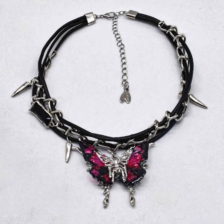 Rose Red Dark Blue Butterfly Y2K Choker