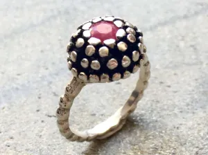 Round Ruby Ring - Red Flower Ring - Natural Ruby Ring