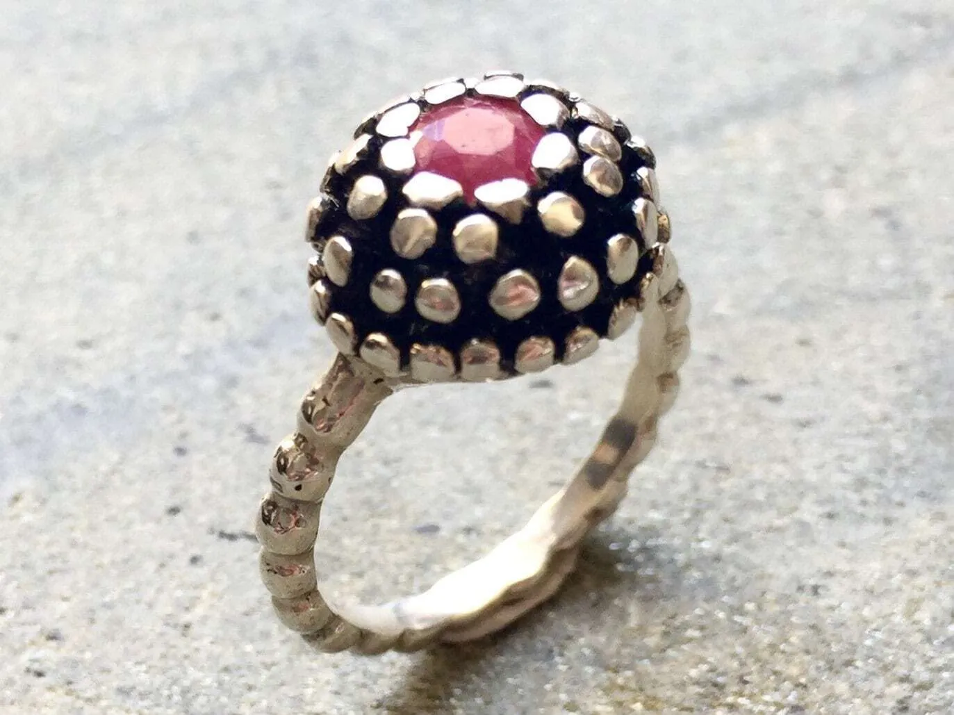 Round Ruby Ring - Red Flower Ring - Natural Ruby Ring