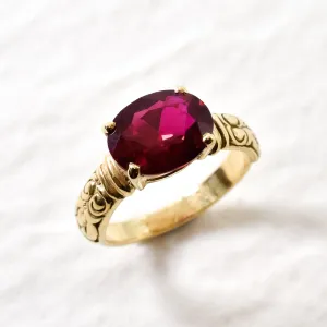 Ruby Gold Ring - Boho Band, Horizontal Oval Ruby Ring, Tribal Ruby Ring