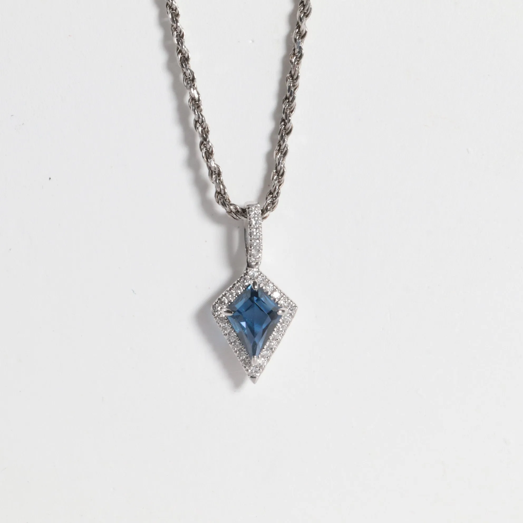 Shield Cut Yogo Sapphire Halo Necklace