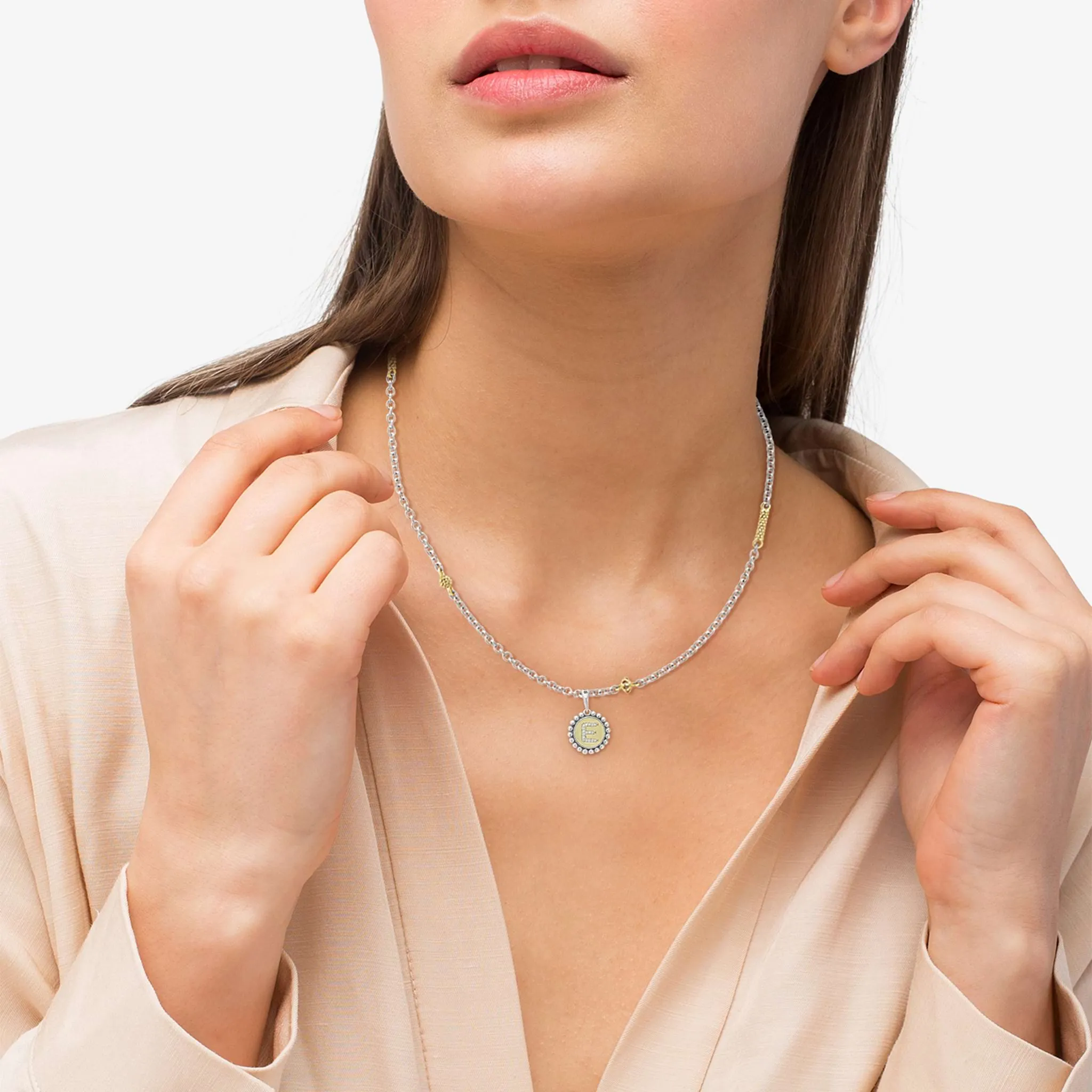 Signature Caviar E Initial Diamond Charm Necklace