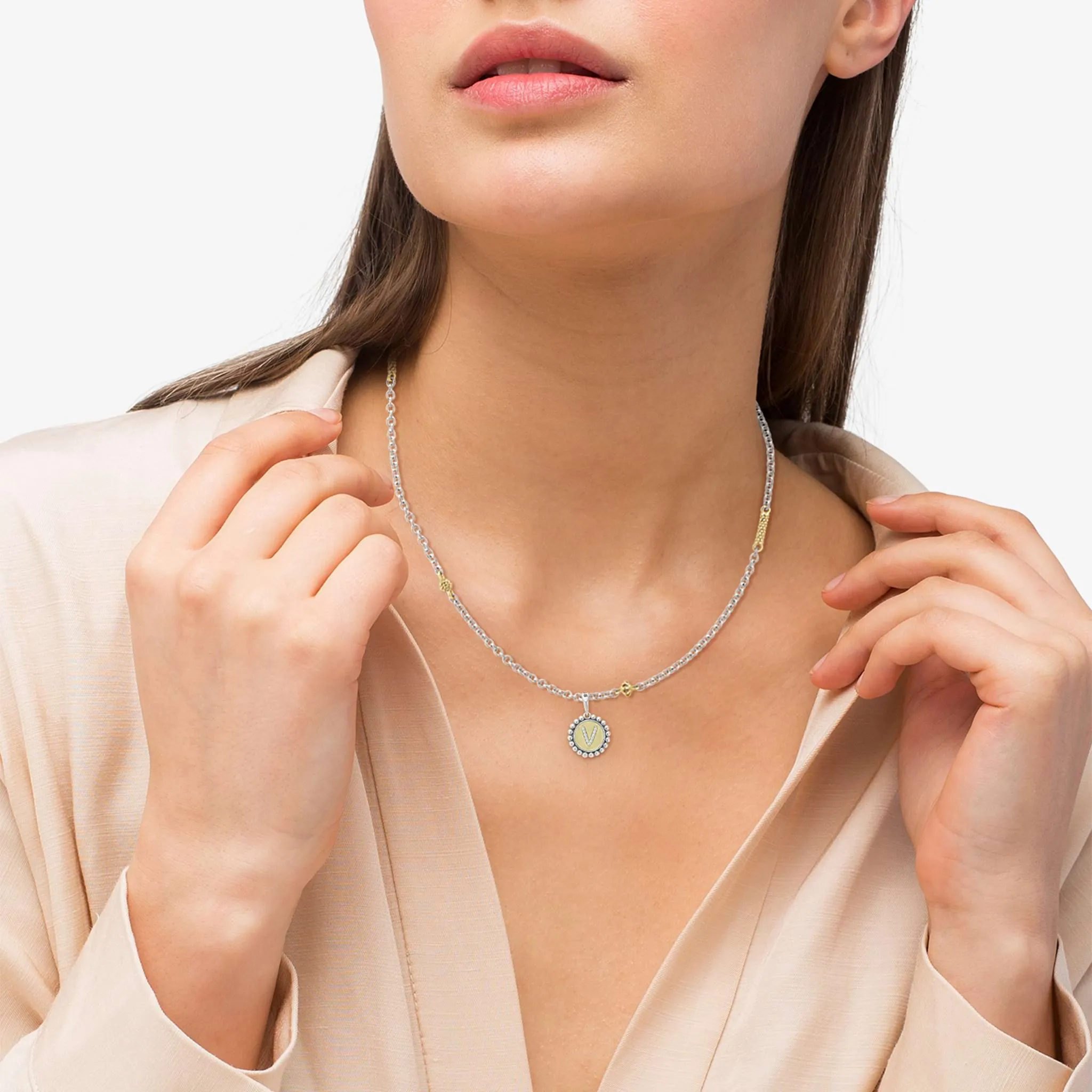 Signature Caviar V Initial Diamond Charm Necklace