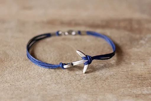 Silver anchor mens bracelet, blue strings, gift for men, nautical