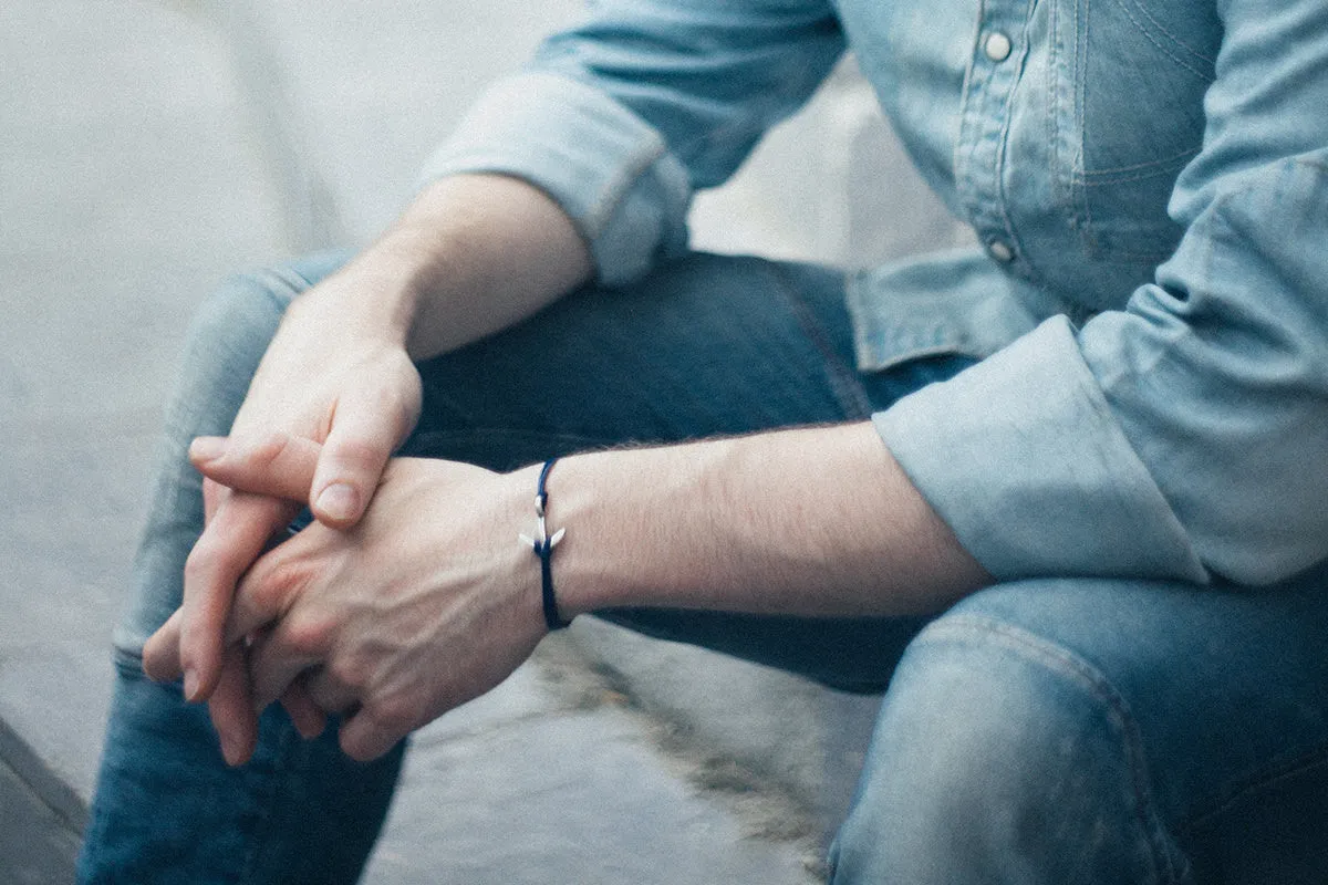 Silver anchor mens bracelet, blue strings, gift for men, nautical