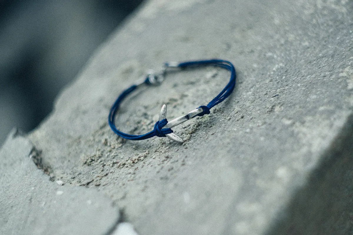 Silver anchor mens bracelet, blue strings, gift for men, nautical