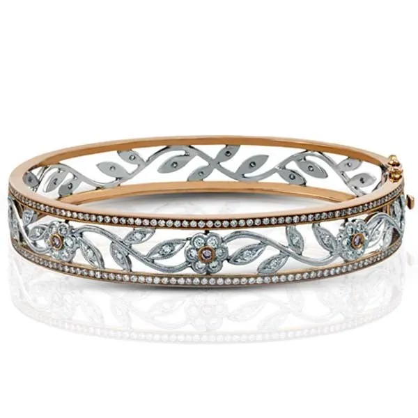 Simon G. 18K Two-Tone Gold Vintage Style Hinged Flower Bangle Bracelet