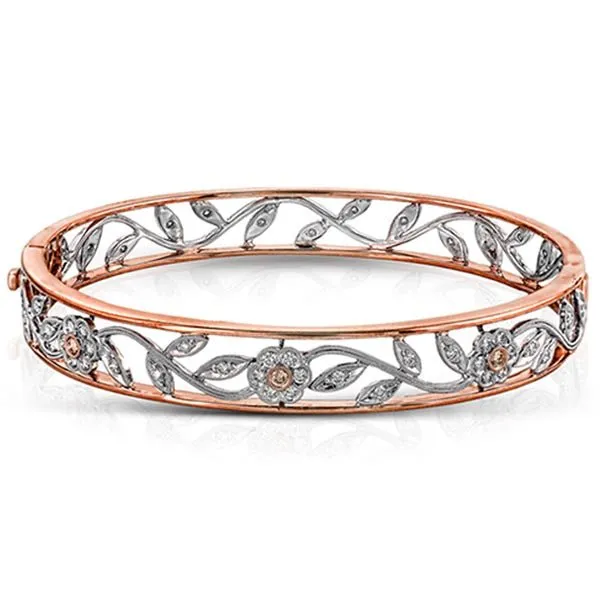 Simon G. 18K Two-Tone Gold Vintage Style Hinged Flower Bangle Bracelet