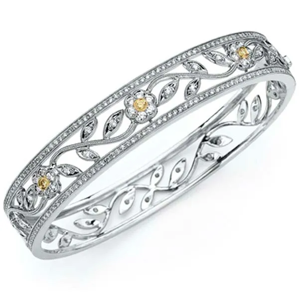 Simon G. 18K Two-Tone Gold Vintage Style Hinged Flower Bangle Bracelet