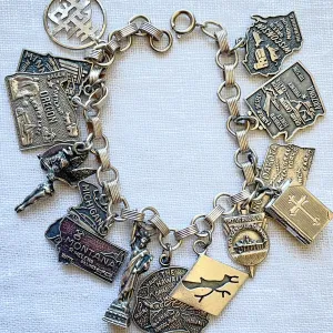 SOLD Vintage USA States Sterling Silver Charm Bracelet, USA Tourist Souvenir Charms, Bible w/Lords Prayer, 38 G