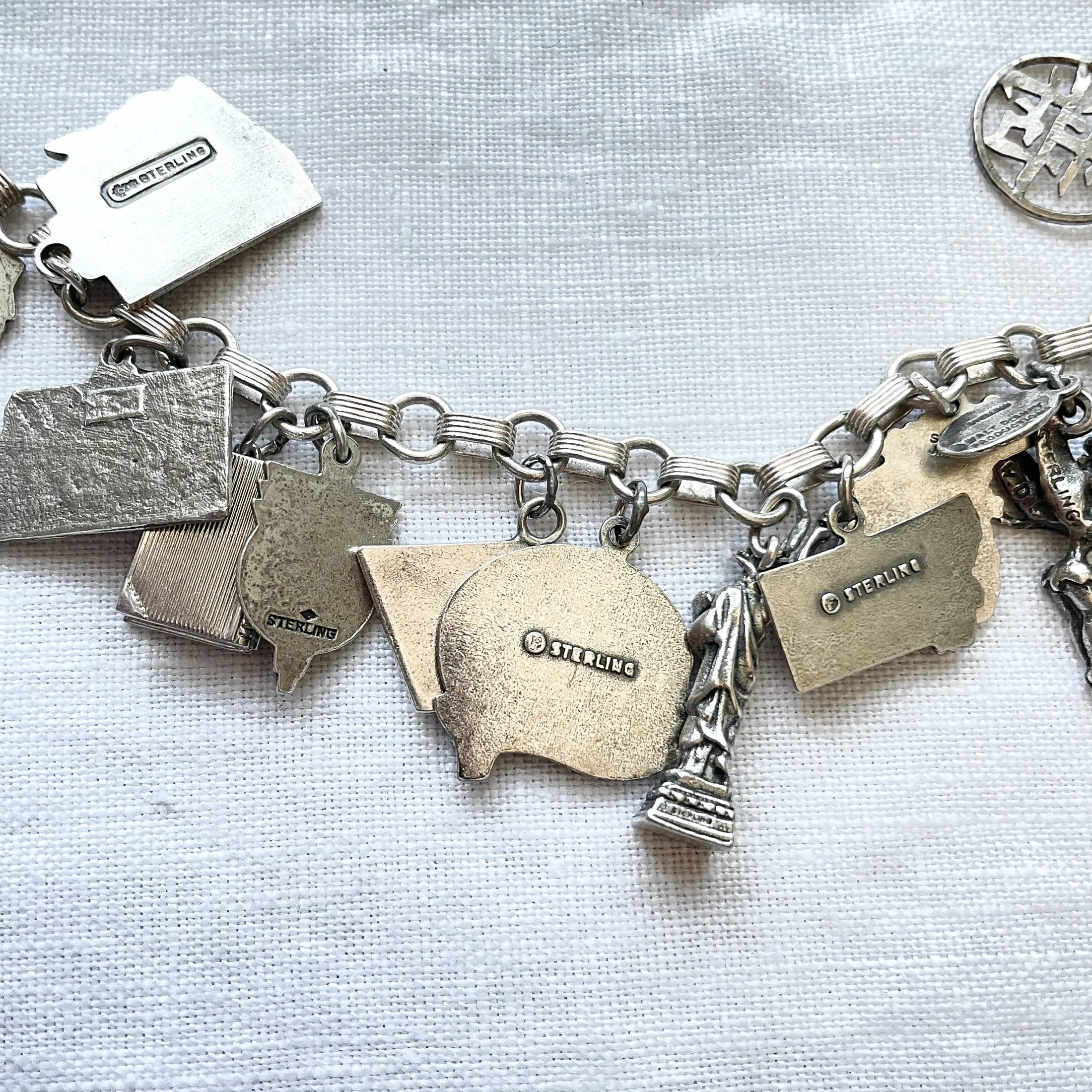 SOLD Vintage USA States Sterling Silver Charm Bracelet, USA Tourist Souvenir Charms, Bible w/Lords Prayer, 38 G