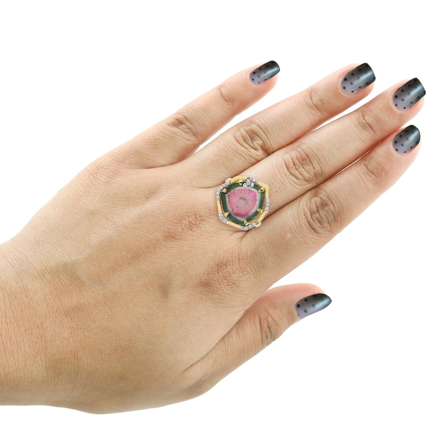 Tourmaline Melon Diamond 18k Yellow Gold Beautiful Cocktail Ring For Women Gift