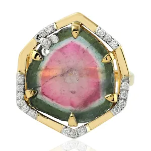 Tourmaline Melon Diamond 18k Yellow Gold Beautiful Cocktail Ring For Women Gift