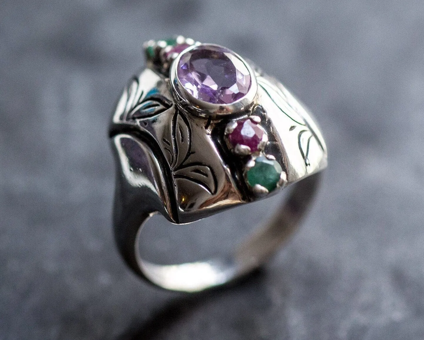 Tribal Amethyst Ring - Genuine Amethyst Ring - Purple Boho Ring