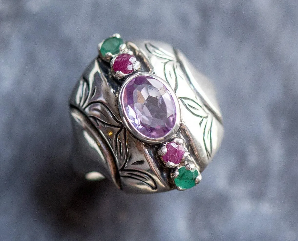 Tribal Amethyst Ring - Genuine Amethyst Ring - Purple Boho Ring