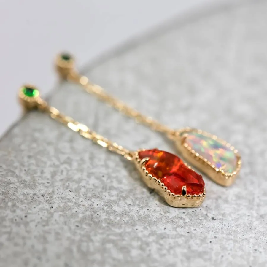 Two Colors Mexican Fire Opal Tsavorite Drop Earrings 18k Yellow Gold