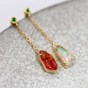 Two Colors Mexican Fire Opal Tsavorite Drop Earrings 18k Yellow Gold