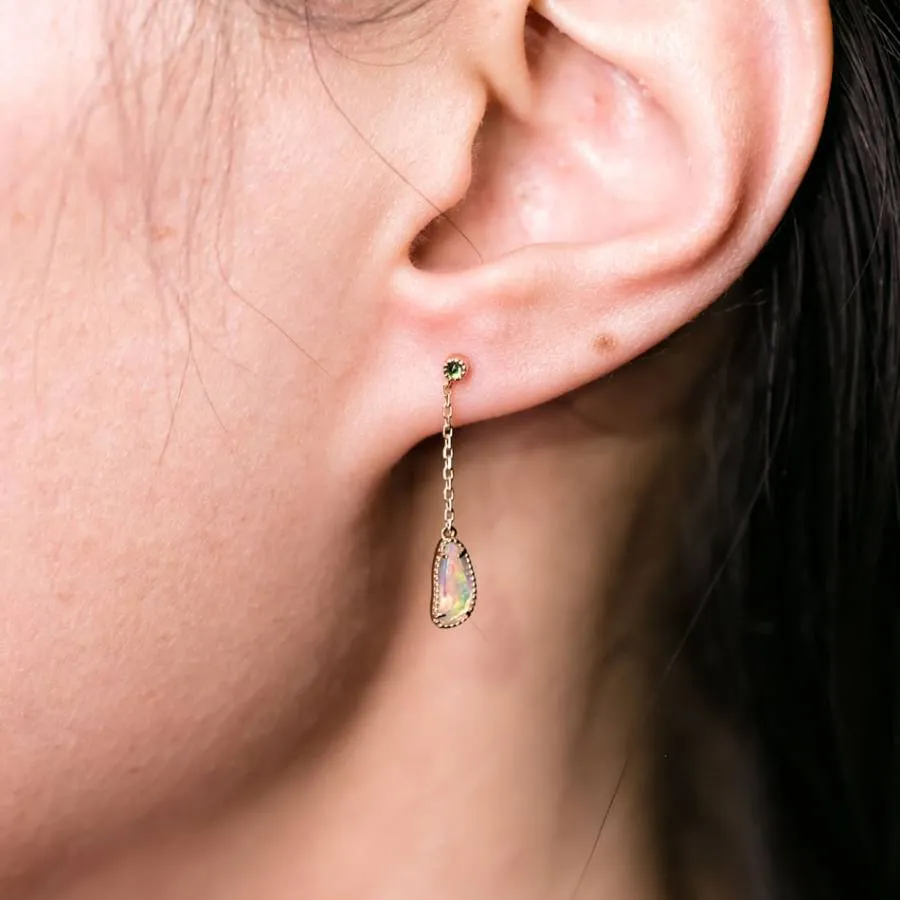 Two Colors Mexican Fire Opal Tsavorite Drop Earrings 18k Yellow Gold