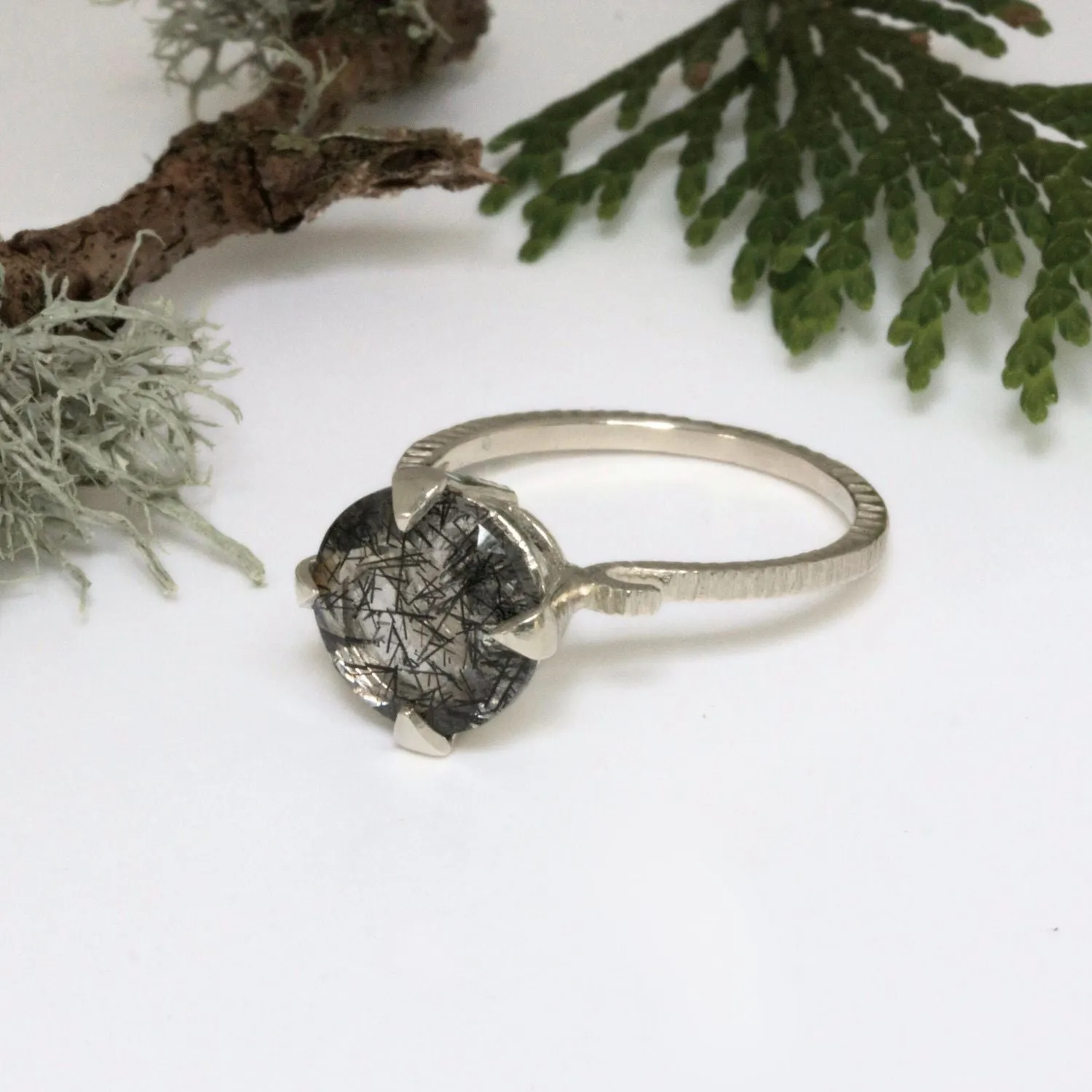 Unisex Tourmalated Quartz White Gold Ring, Rutilated Quartz Ring