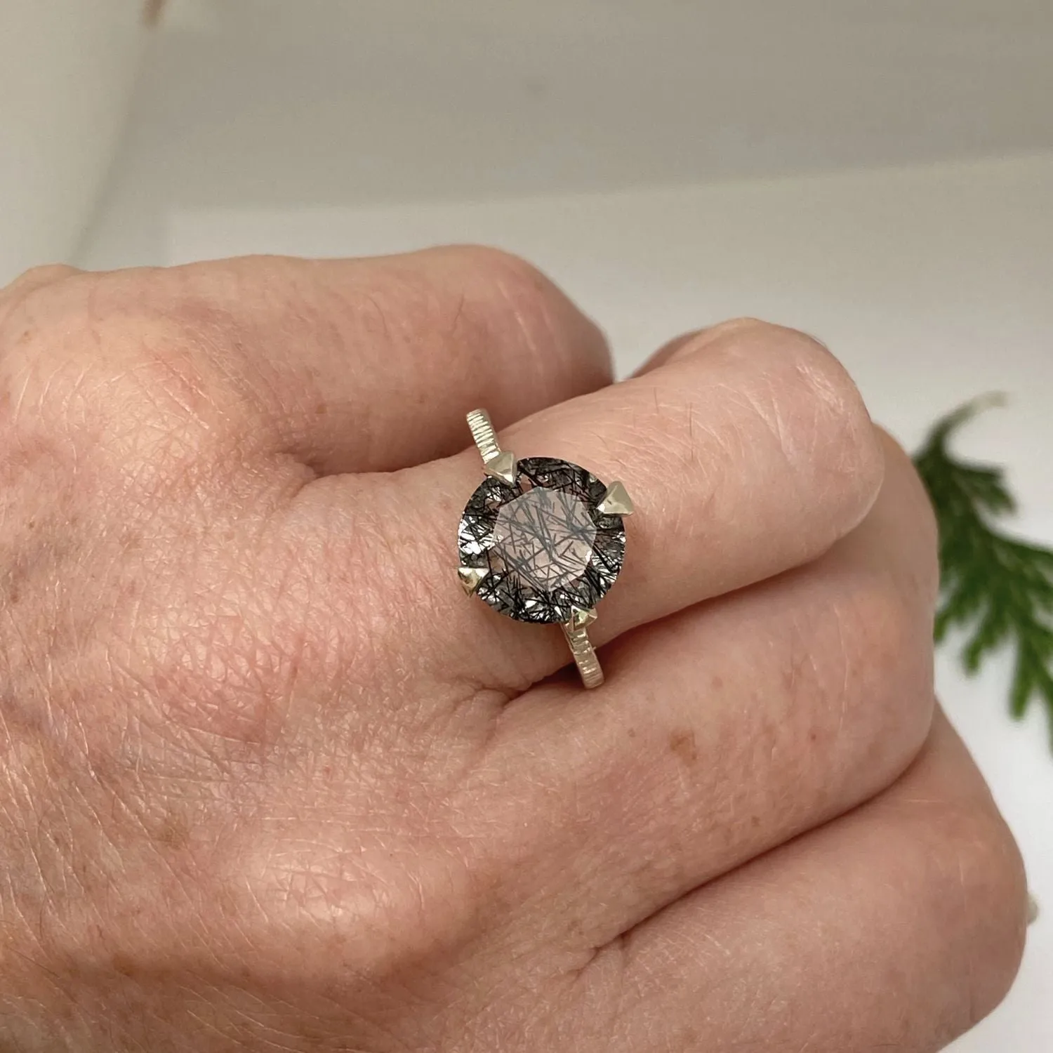 Unisex Tourmalated Quartz White Gold Ring, Rutilated Quartz Ring