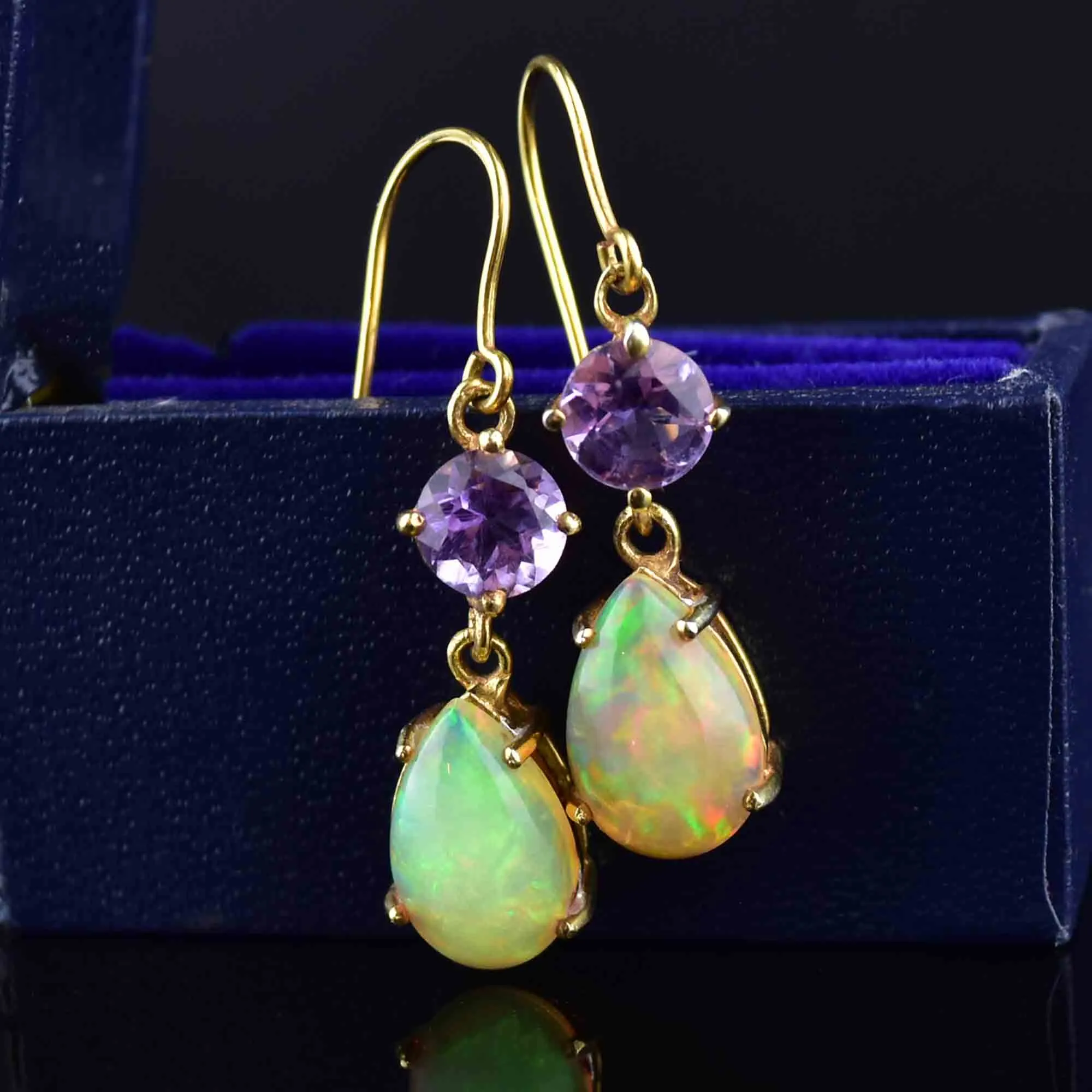 Vintage Amethyst Fire Opal Gold Dangle Earrings
