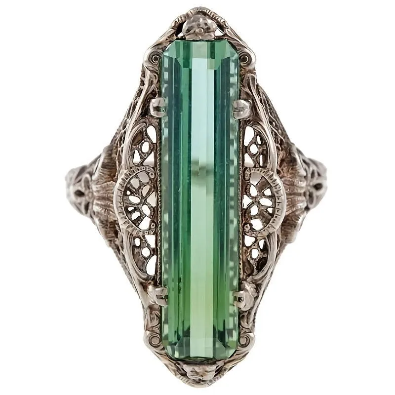 Vintage Hollow Out Pattern Green Zircon Temperament Ring