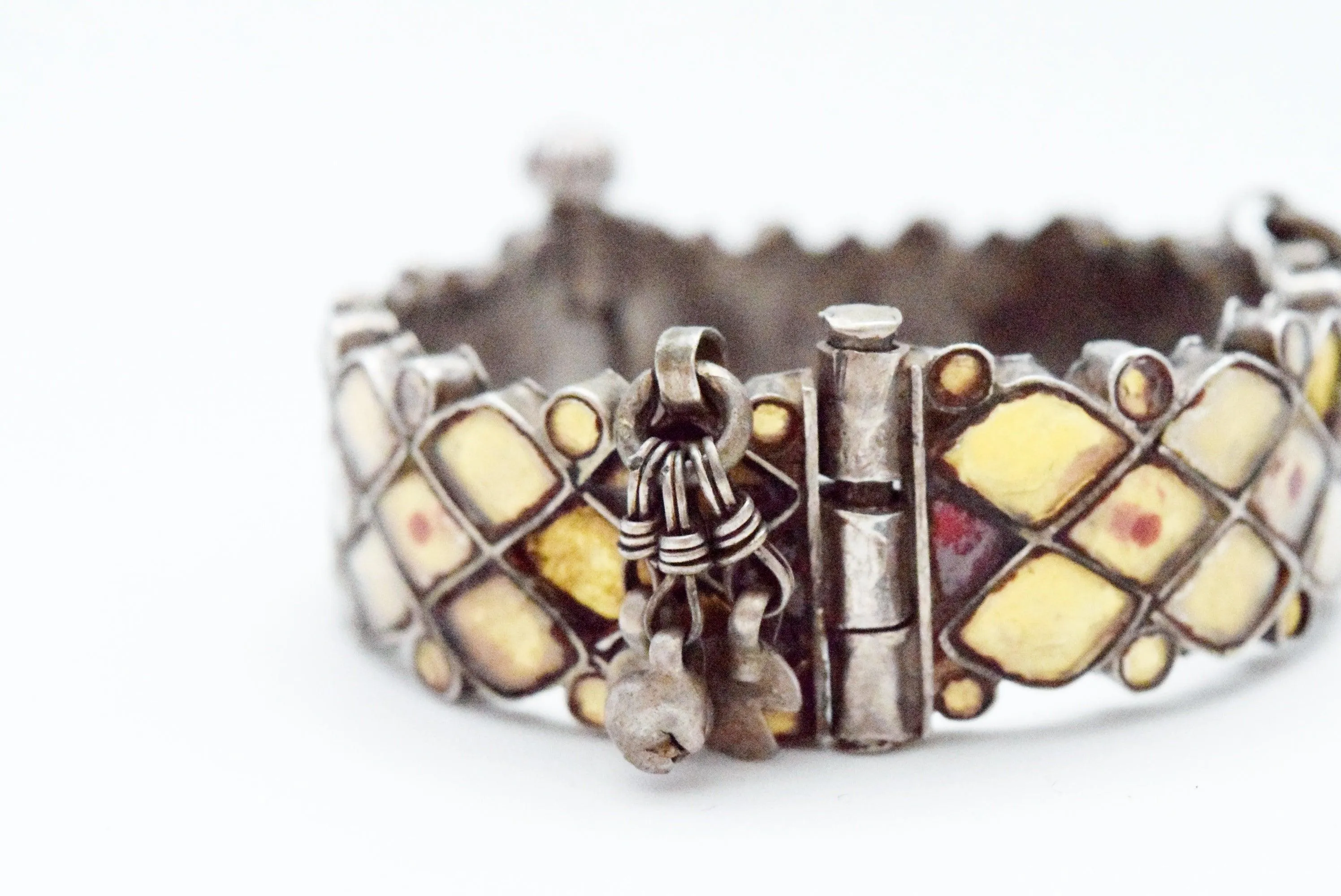 Vintage Silver Indian Bangle with Yellow Glass Insets