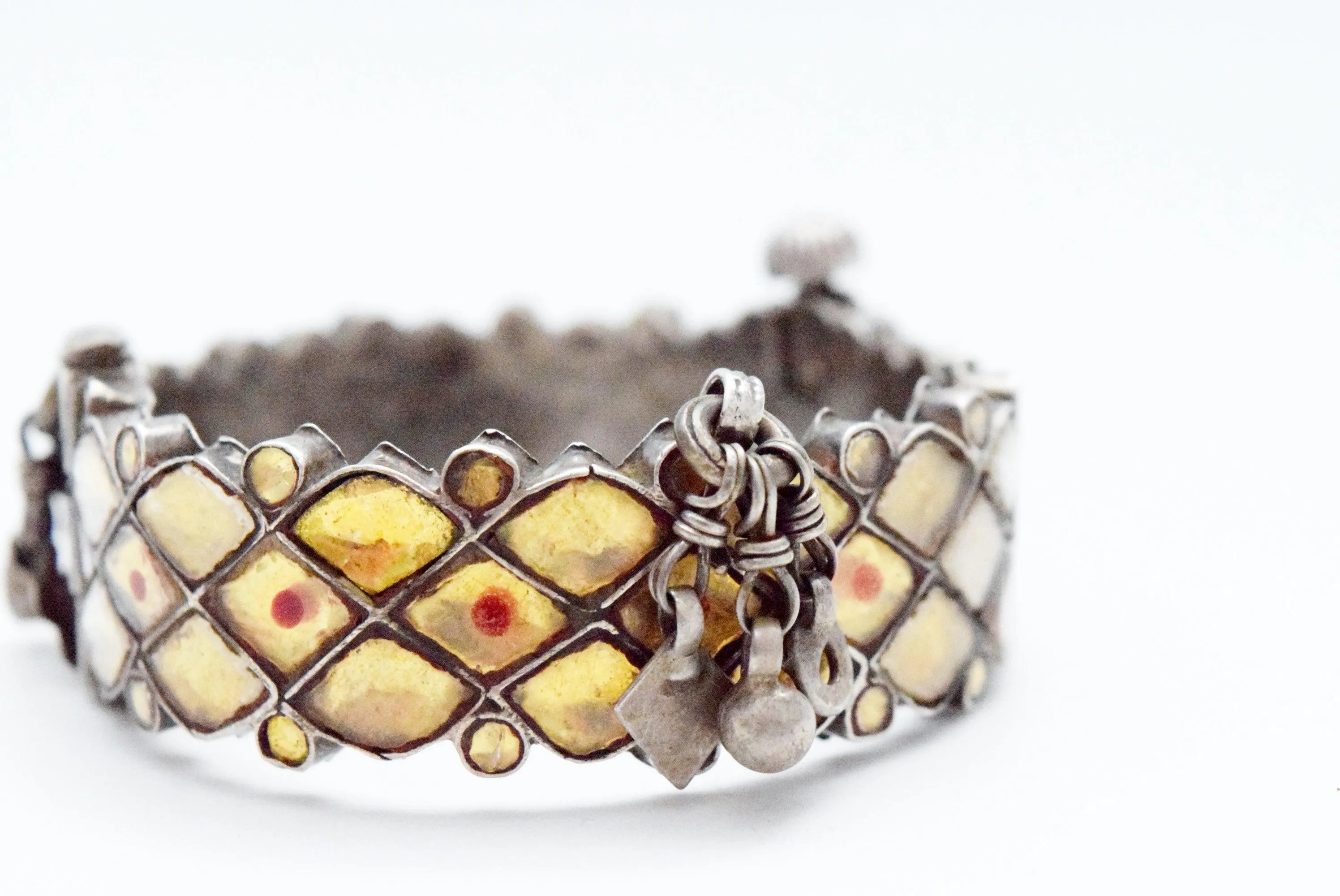 Vintage Silver Indian Bangle with Yellow Glass Insets