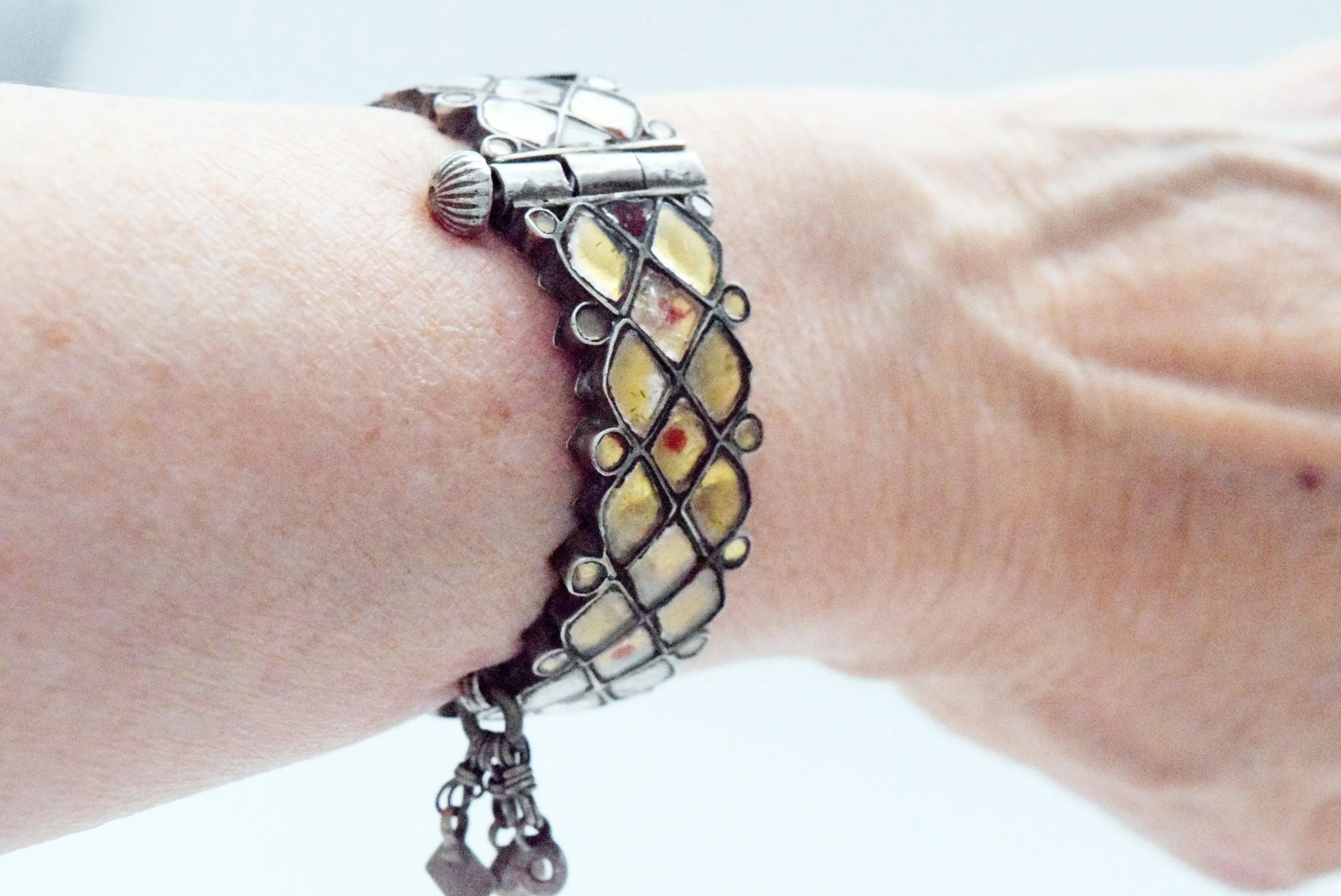 Vintage Silver Indian Bangle with Yellow Glass Insets