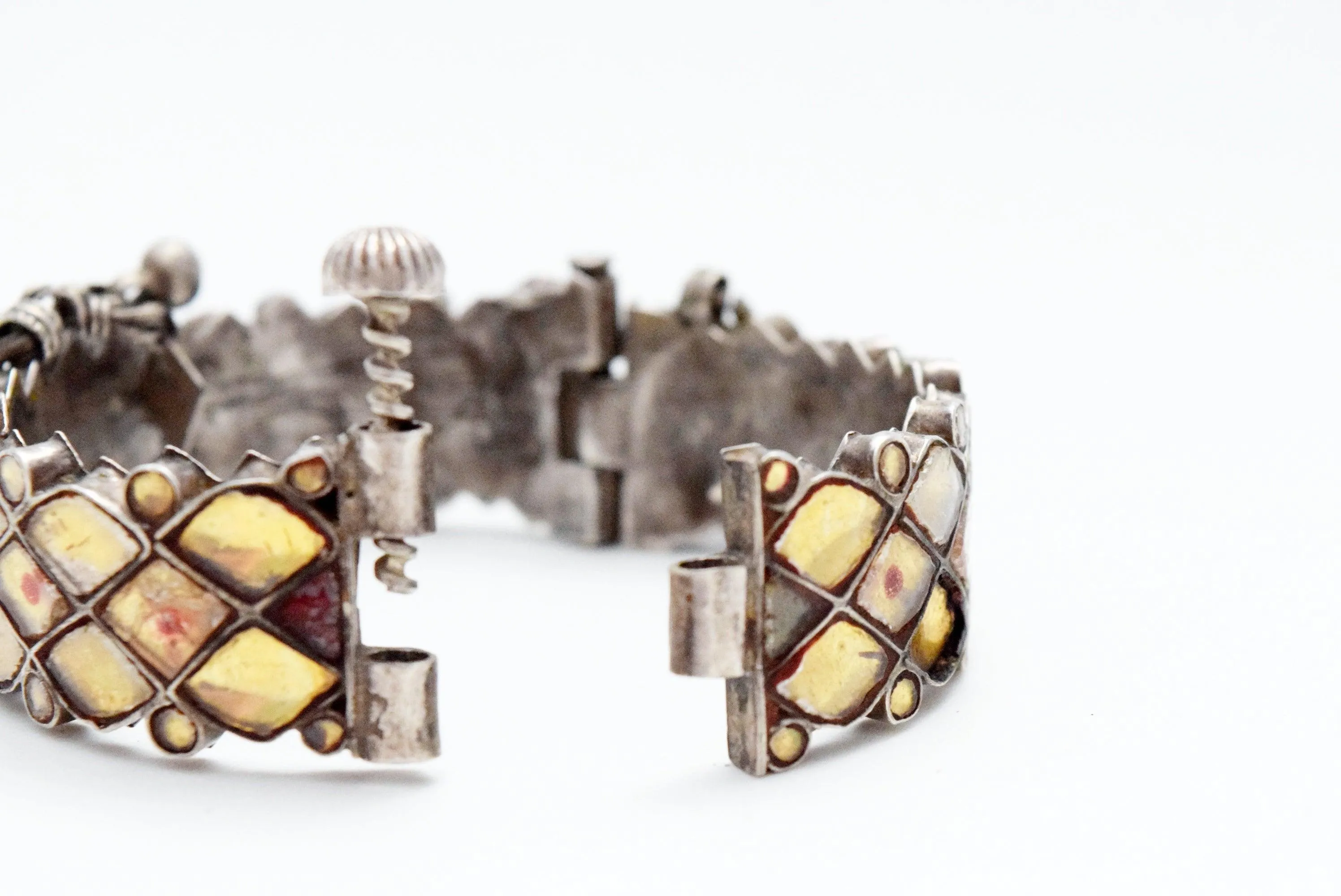Vintage Silver Indian Bangle with Yellow Glass Insets