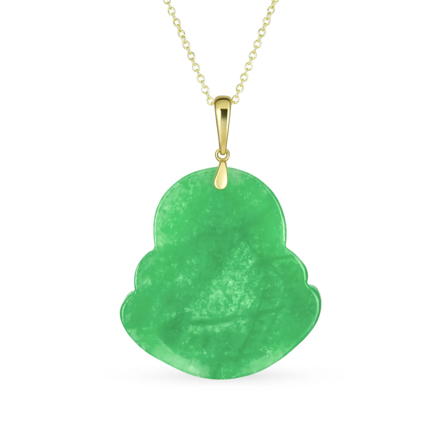 Yogi Amulet Green Jade Laughing Buddha Pendant Necklace 14K Gold Plated Silver