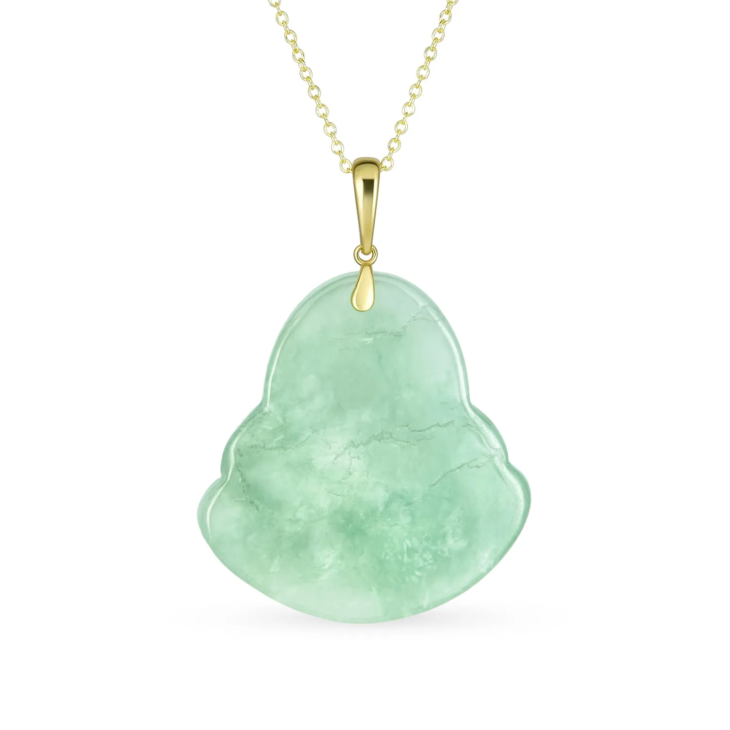 Yogi Amulet Green Jade Laughing Buddha Pendant Necklace 14K Gold Plated Silver