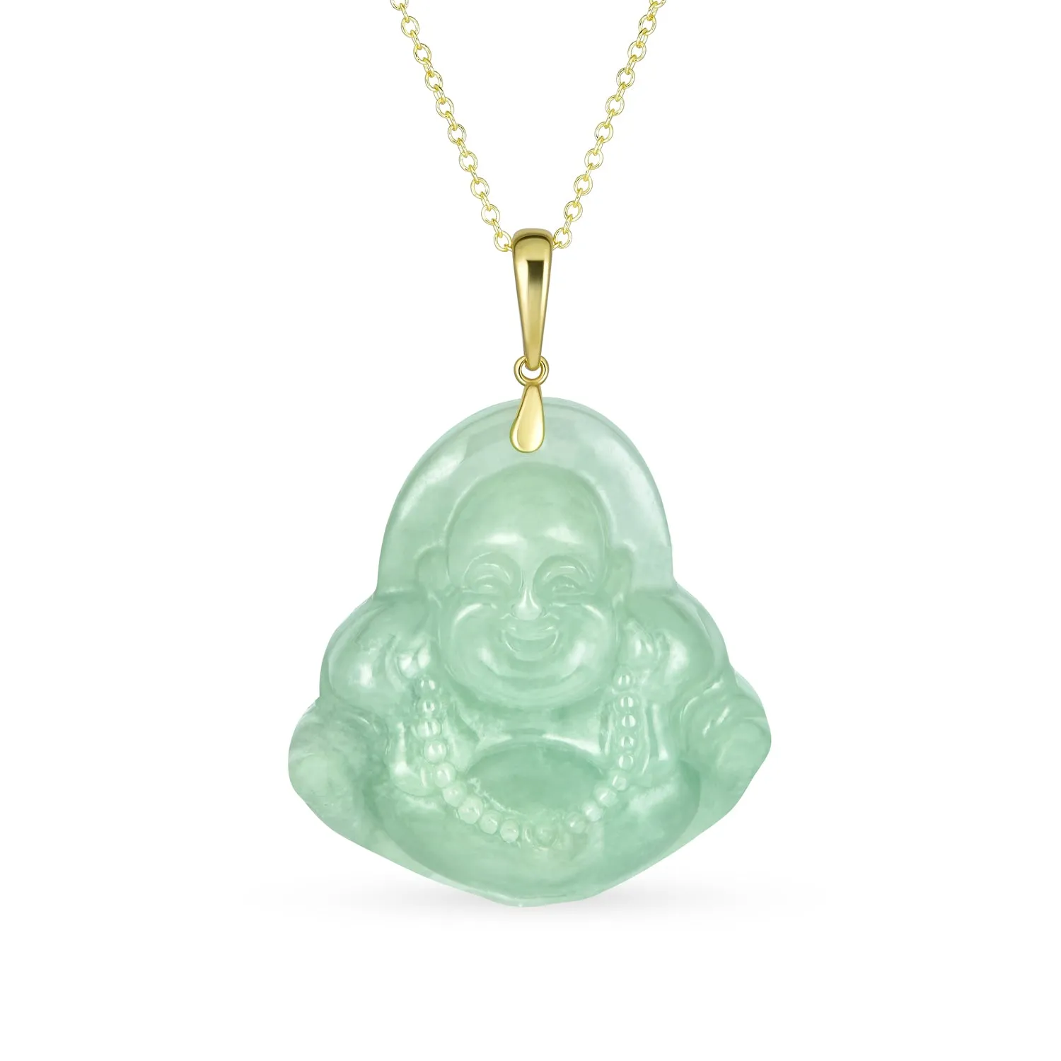 Yogi Amulet Green Jade Laughing Buddha Pendant Necklace 14K Gold Plated Silver